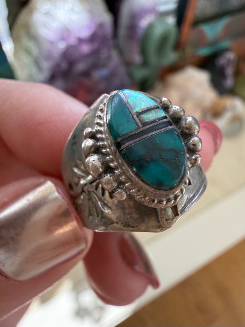 Sterling Silver Turquoise Fire Opal Inlay Native American Ring adjustable size